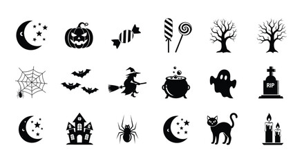 Vector Halloween icons set with spooky elements including ghost, pumpkin, witch, spider, moon, and haunted house in minimalist graphic style