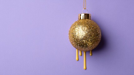 Golden Ornament Melting into Yellow Stream on Purple Edge, a conceptual representation of festive joy and the ephemeral nature of time, set against a minimalist backdrop
