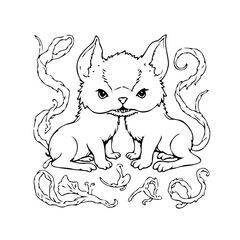 Whimsical monochrome depiction showcasing symmetrical feline creatures adorned with ethereal