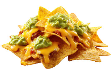 Pile of golden corn tortilla chips covered in melted cheddar cheese and guacamole nachos, Isolated On Transparent Background, Png Cut Out