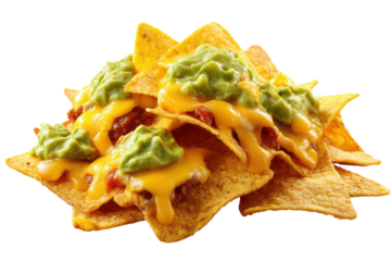 Pile of golden corn tortilla chips covered in melted cheddar cheese and guacamole nachos, Isolated On Transparent Background, Png Cut Out