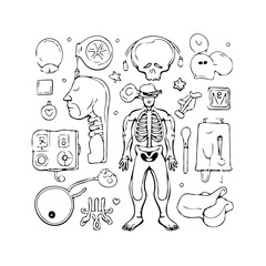 Whimsical Sketch Depicting a Creative Assembly of Human Anatomy and Everyday Objects In Black and