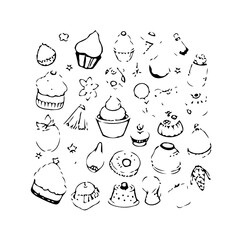 Whimsical sketch of sweets showcasing cupcakes donuts and pastries scattered in an artistic