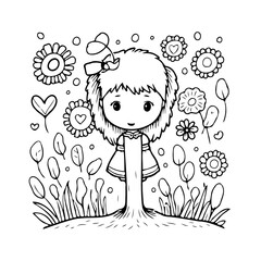 Whimsical sketch of a sprouting girl among blooming flowers radiating innocent charm and playful