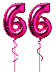 Fototapeta premium 数字の66の形のピンク色の風船とリボン（Number 66 pink foil balloon on white background） 