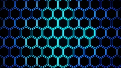 Fototapeta premium Glowing hexagonal grid pattern with blue and cyan neon outlines on a dark background