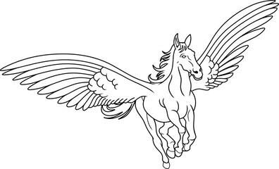  Flying horse Fantasy mythical line vector illustration isolated on white background