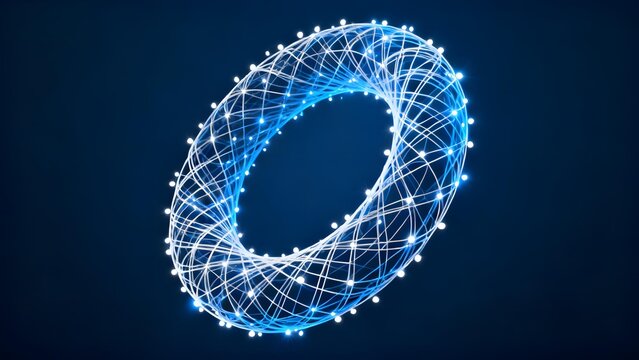 A glowing blue torus structure composed of interconnected nodes and lines against a dark background
