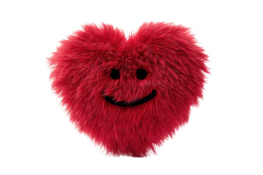 Fluffy red heart shaped plush toy with smiling face on black background image, Isolated On Transparent Background, Png Cut Out