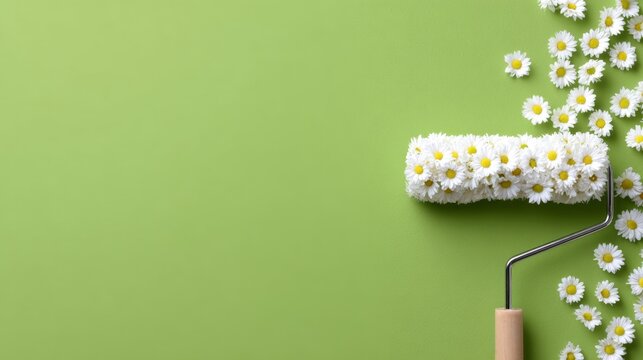 Floral Paint Roller on Green Canvas, a vibrant blend of white daisies and fresh greenery, symbolizes creativity and renewal in a minimalist setting. - Powered by Adobe