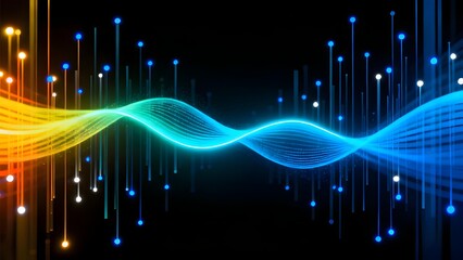 Abstract digital wave pattern with glowing particles and vertical lines on a dark background