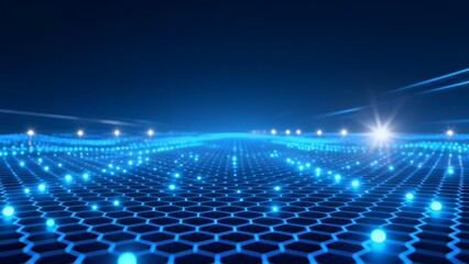 Digital hexagonal grid with glowing blue nodes and light trails in a futuristic space