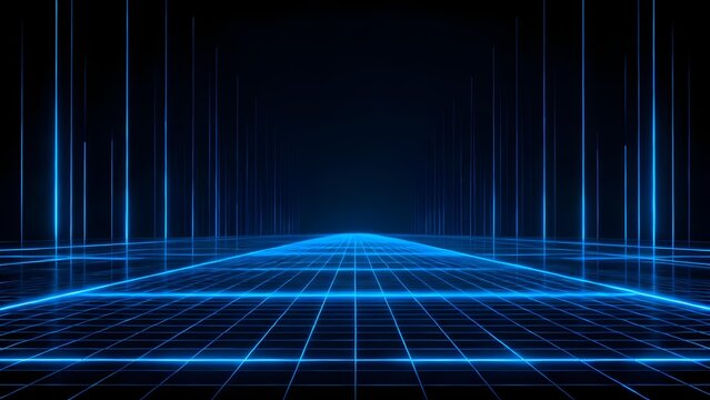 Blue neon grid tunnel with glowing lines extending into the distance