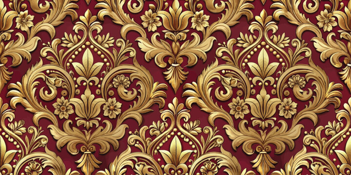 Rich golden floral damask pattern on a deep red background, adding elegance and sophistication to any design.
