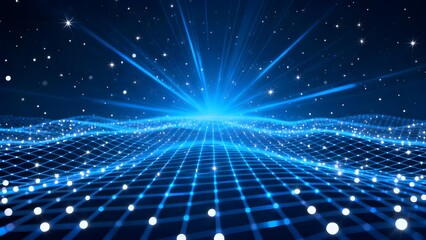 Obraz premium Digital grid landscape with glowing blue lines and stars in a futuristic space environment
