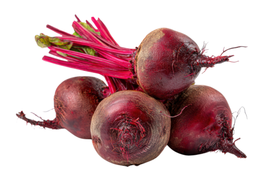 Bunch of fresh red beets with green leaves and pink stems on black root vegetable, Isolated On Transparent Background, Png Cut Out