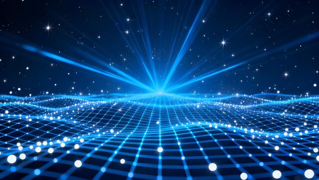 Digital grid landscape with glowing blue waves and starry background