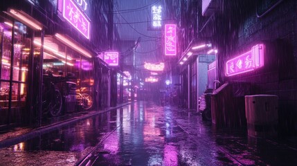 Naklejka premium Neon-lit alleyway at night