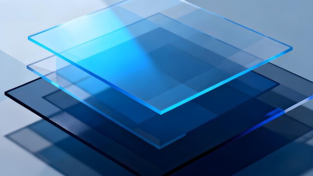 Stacked transparent blue glass panels with layered depth and light reflection
