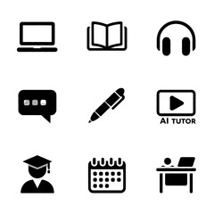 Set of educational and learning-related icons including laptop, book, headphones, speech bubble, pen, AI tutor, graduate, calendar, and desk