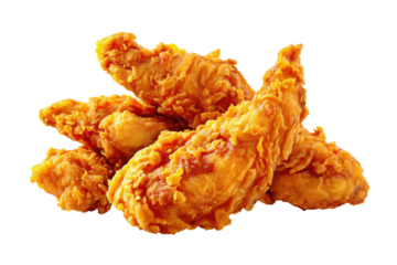 Crispy golden brown fried chicken tenders piled against a black background image, Isolated On Transparent Background, Png Cut Out