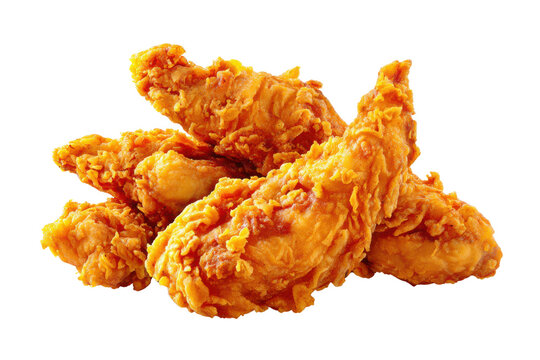 Crispy golden brown fried chicken tenders piled against a black background image, Isolated On Transparent Background, Png Cut Out