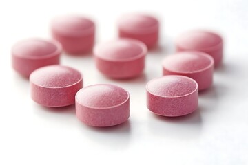 Round Pink Pills Closeup on White Background Medical Treatment Pharmacology Concept