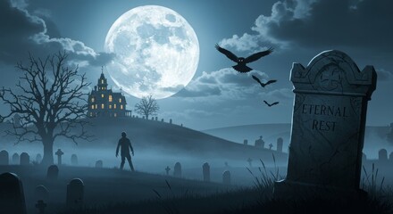 Sinister Halloween Night: Haunted cemetery, zombie silhouette, glowing full moon, and gothic mansion on a misty hill.