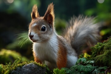 Obraz premium Adorable wild squirrel emerges from lush forest floor in soft, golden sunlight, perfect for nature and wildlife themes.