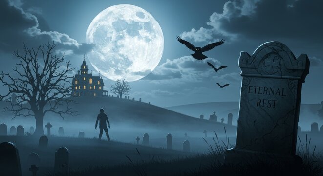 Sinister Halloween Night: Haunted cemetery, zombie silhouette, glowing full moon, and gothic mansion on a misty hill.