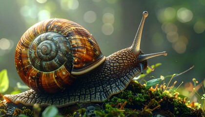 Detailed image of a snail with a spiral shell crawling on a mossy surface in nature