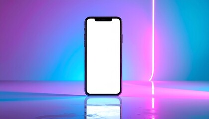 Modern smartphone with blank white screen standing on a reflective surface, illuminated by vibrant pink and blue neon lights, offering a versatile mock-up for digital content or app display