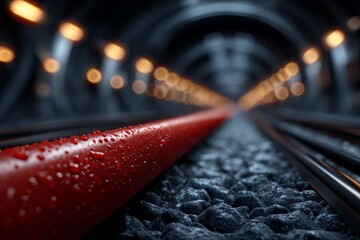 Red Pipe with Water Droplets in Dark Industrial Tunnel with Blurred Lights