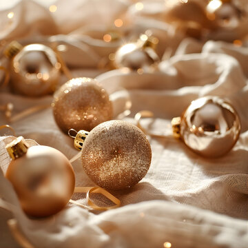 Luxury Christmas Ornaments in Soft Gold and Neutral Tones &ndash; Elegant Holiday Flat Lay Background