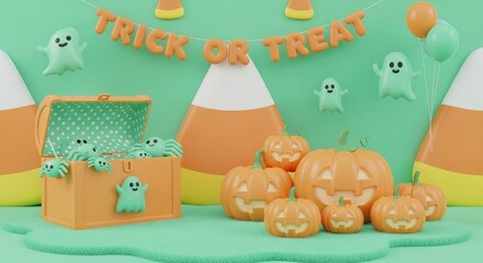 Whimsical 3D Halloween display featuring smiling jack-o'-lanterns, floating ghosts, candy corn, and a Trick or Treat banner.