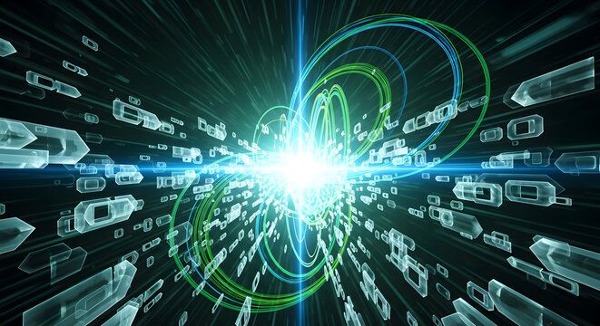 Conceptual illustration of a high-energy particle explosion with glowing green light trails and flying crystalline structures