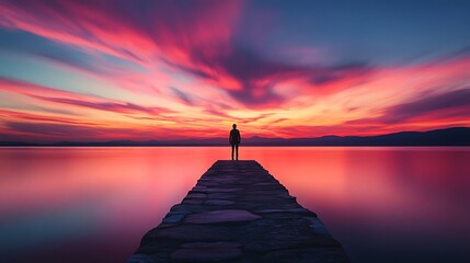 Silhouette of Solitary Man Standing on Stone Pier at Colorful Dramatic Sunset