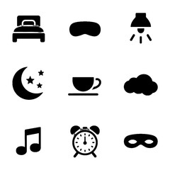Collection of black silhouette icons representing sleep, relaxation, and daily routines including bed, moon, coffee, clock, and music.