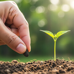 Hand planting seed in fertile soil with young green sprout growing under sunlight – concept of growth, agriculture, and new beginnings