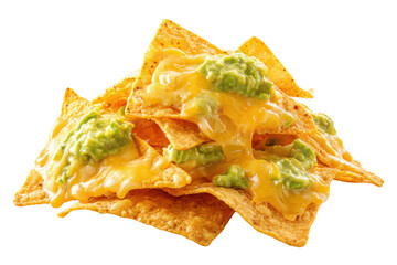Pile of golden corn tortilla chips topped with melted yellow cheese and guacamole nachos, Isolated On Transparent Background, Png Cut Out