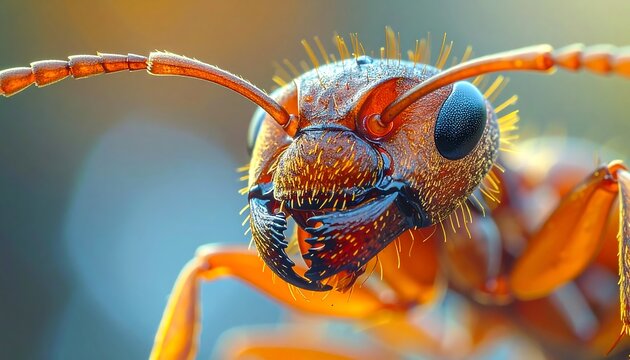 Intricate macro photography capturing the detailed head of a red ant, showcasing its powerful mandibles and complex compound eyes