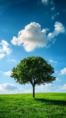 Solitary Tree Amidst Green Field with Bright Skies and White Clouds Scenery