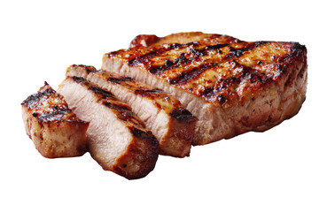 Sliced grilled pork chop with char marks on black background meat barbecue, Isolated On Transparent Background, Png Cut Out