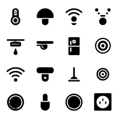 Collection of smart home and IoT device icons including sensors, cameras, Wi-Fi, power outlets, and automation controls