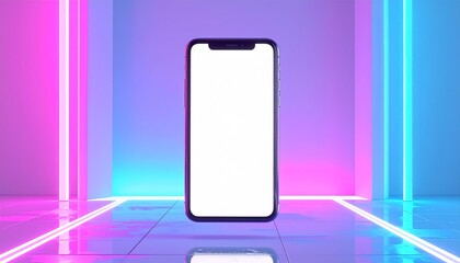 Futuristic smartphone in a neon-lit tunnel, showcasing a blank screen for customization and digital display