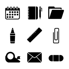 Set of office and stationery icons including calendar, notebook, folder, marker, ruler, paperclip, tape, envelope, and battery