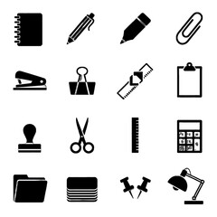 Collection of office and stationery icons including notebook, pen, pencil, paperclip, stapler, binder clip, ruler, clipboard, stamp, scissors, calculator, folder, notepad, pushpins, and desk lamp