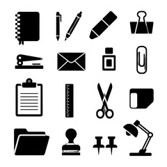 Collection of office and stationery icons including pens, scissors, clipboard, ruler, lamp, and other tools