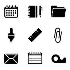Set of office and stationery icons including calendar, notebook, folder, pen, ruler, paperclip, envelope, and key