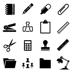 Set of office and stationery icons including notebook, pen, pencil, paperclip, stapler, compass, clipboard, ruler, scissors, calculator, stamp, folder, pushpins, desk lamp